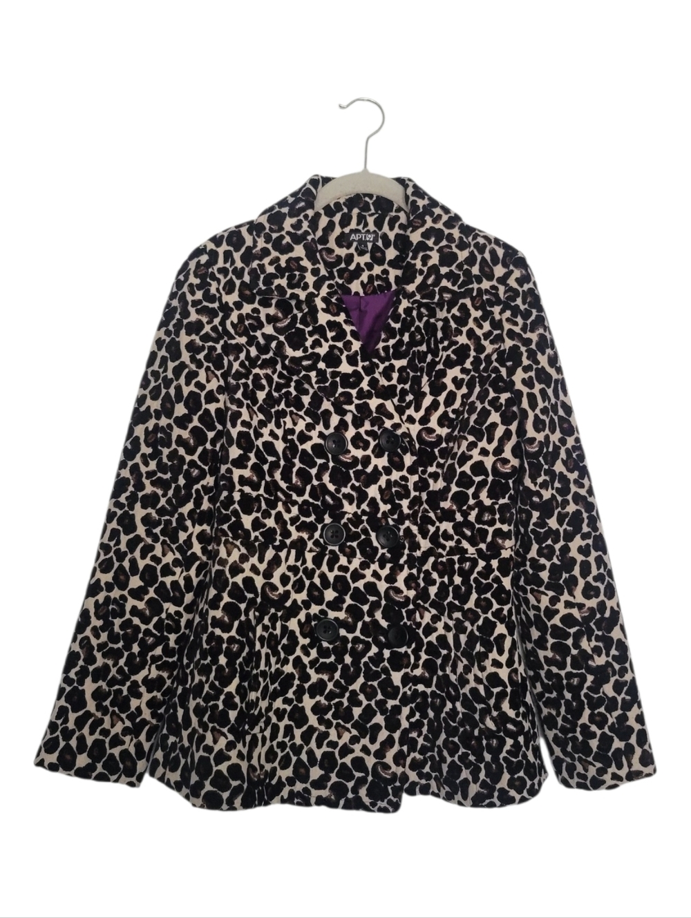Apt. 9 Animal Print Pea Coat Jacquard Leopard Jacket Purple Lined Black Cream SM